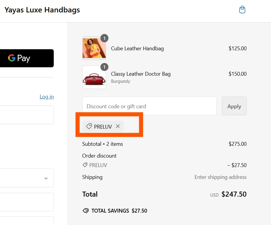 Yayas Luxe Handbags verified Coupon code PRELUV